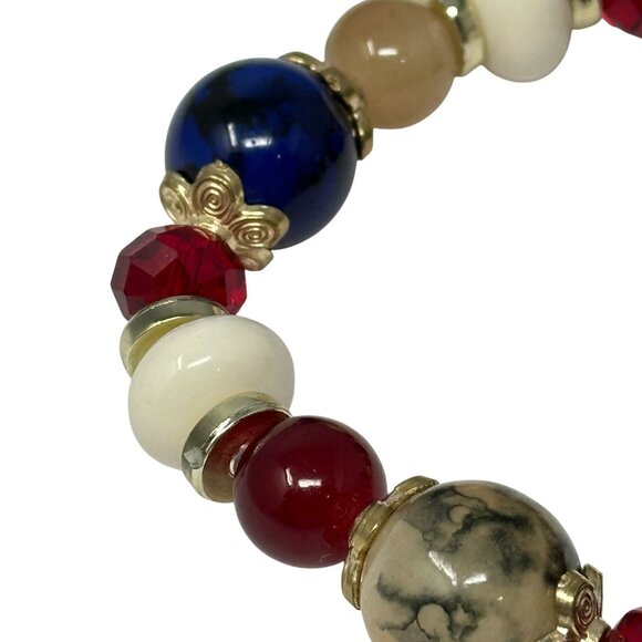 Tree of Life Beaded Stretch Bracelet Blue Red White Gold Tone Pendant - Picture 5 of 7